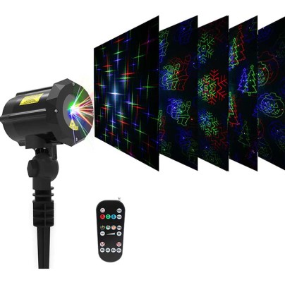 The LEDMall RGB Outdoor Laser Garden and Christmas Lights on a white background with a remote and several insets of the patterns the projector creates.