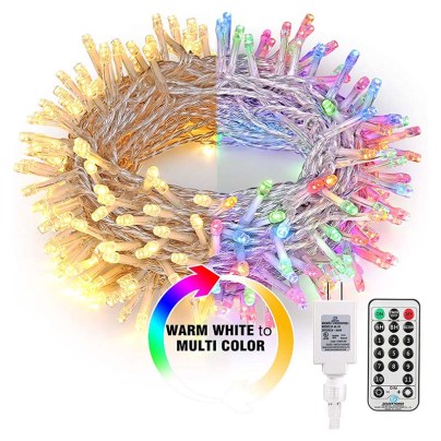 The Brizled 200 LED Christmas Lights arranged in a circle, half warm white, half multicolored, on a white background next to their plug and remote.