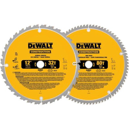  Two DeWalt 12-Inch Construction Miter Saw Blades on a white background