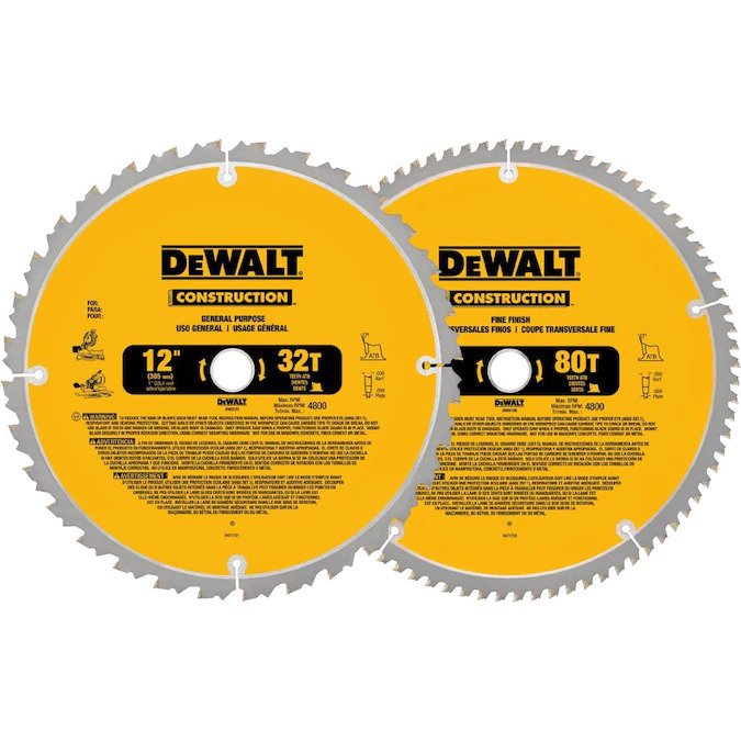  Two DeWalt 12-Inch Construction Miter Saw Blades on a white background