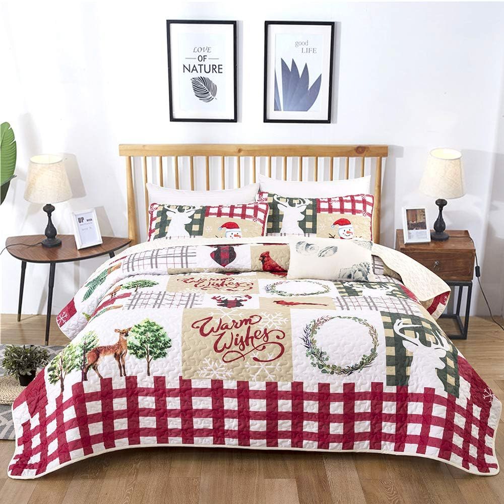 The Best Christmas Decorations Option: Christmas Quilt Set Rustic Pattern Bedding with Shams