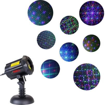 The LEDMall RGB Outdoor Garden Laser Christmas Lights projector on a white background with several insets of the patterns it creates.