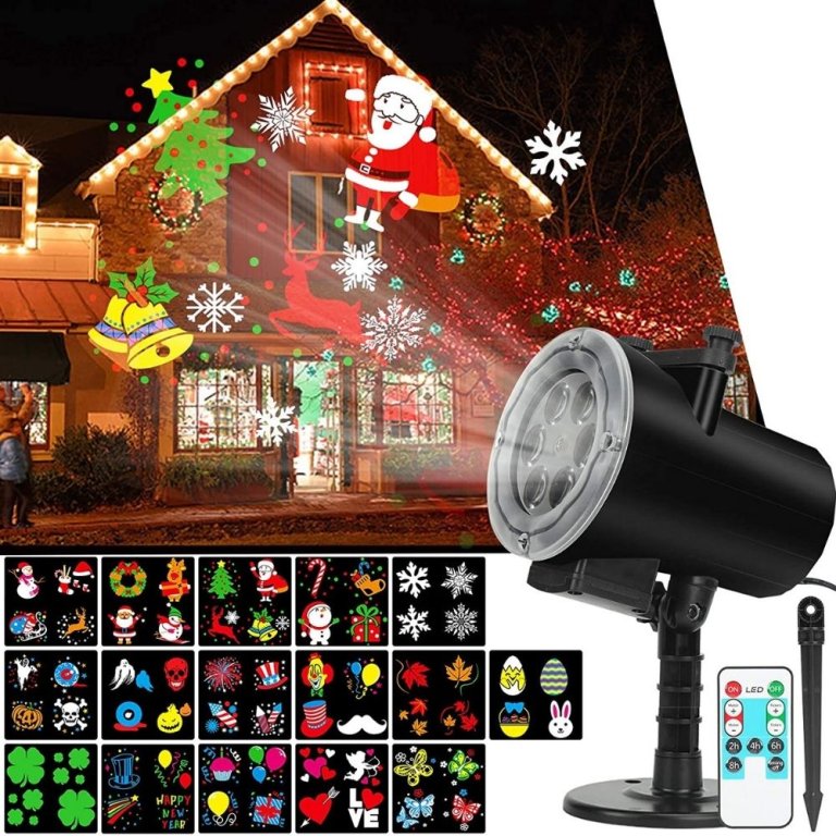  The SunBox Live Christmas Holiday Lights Projector projecting holiday images on a house, a phone showing the SunBox app, and several insets showing the patterns the projector creates.