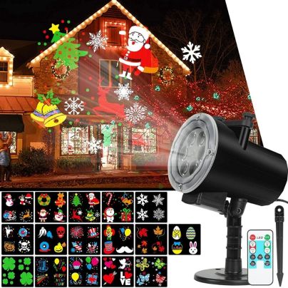 The SunBox Live Christmas Holiday Lights Projector projecting holiday images on a house, a phone showing the SunBox app, and several insets showing the patterns the projector creates.