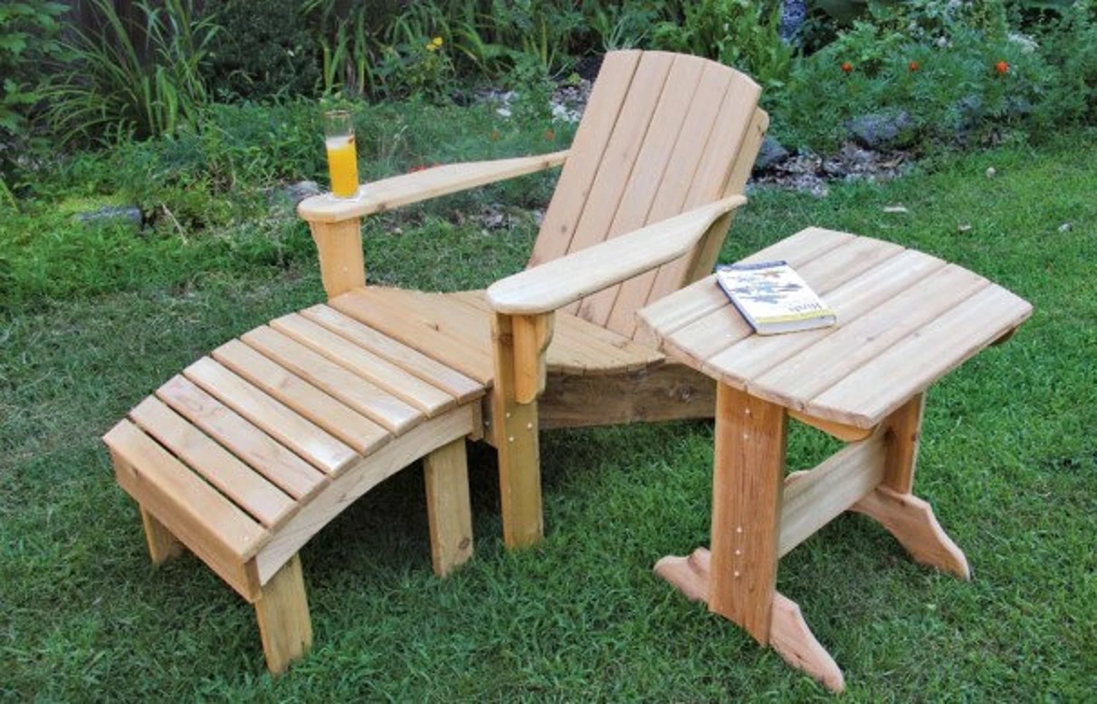 Wood adirondack chair with ottoman and side table
