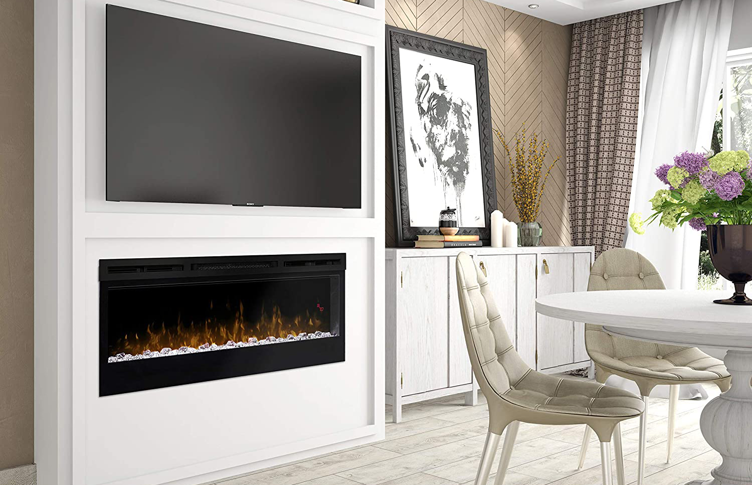 The best gas fireplace insert option installed in a large contemporary hearth near a small dining table