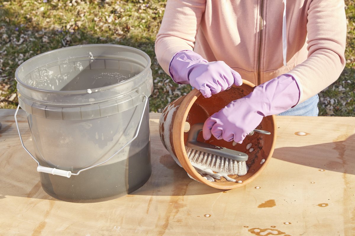 Woman scrubbing the inside of a terra-cotta pot, with a bucket of soapy water next to the pot.