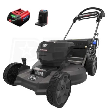  Toro 21-Inch 60V Max Super Recycler Mower on white background with battery pack and charger
