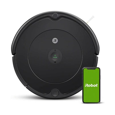 The Robot Roomba 694 Robot Vacuum on a white background with a phone next to it showing the iRobot app.
