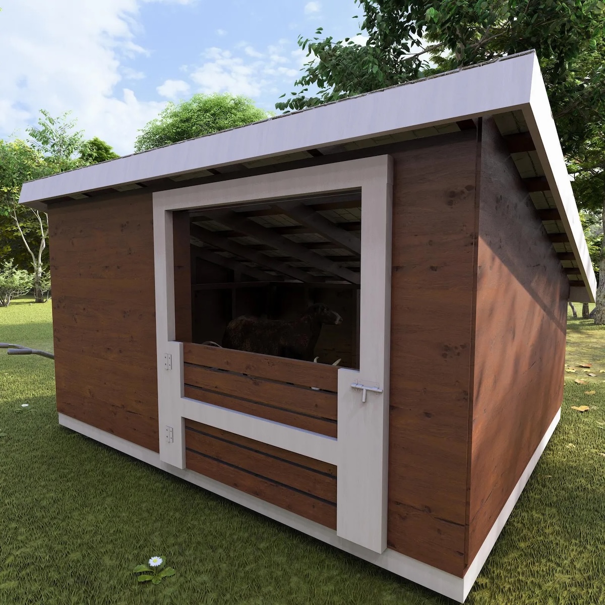 White and brown goat shelter outdoors