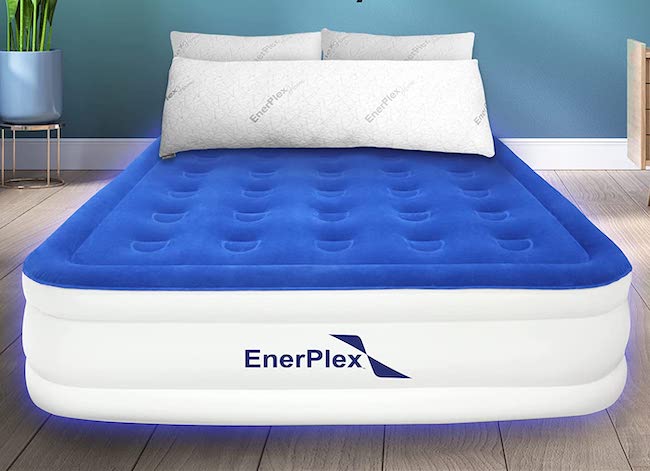 Enerplex double-height tall air mattress in blue and white