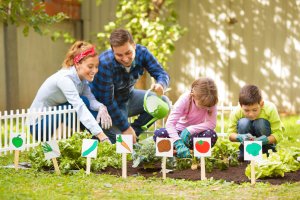 A family enjoying gardening together.