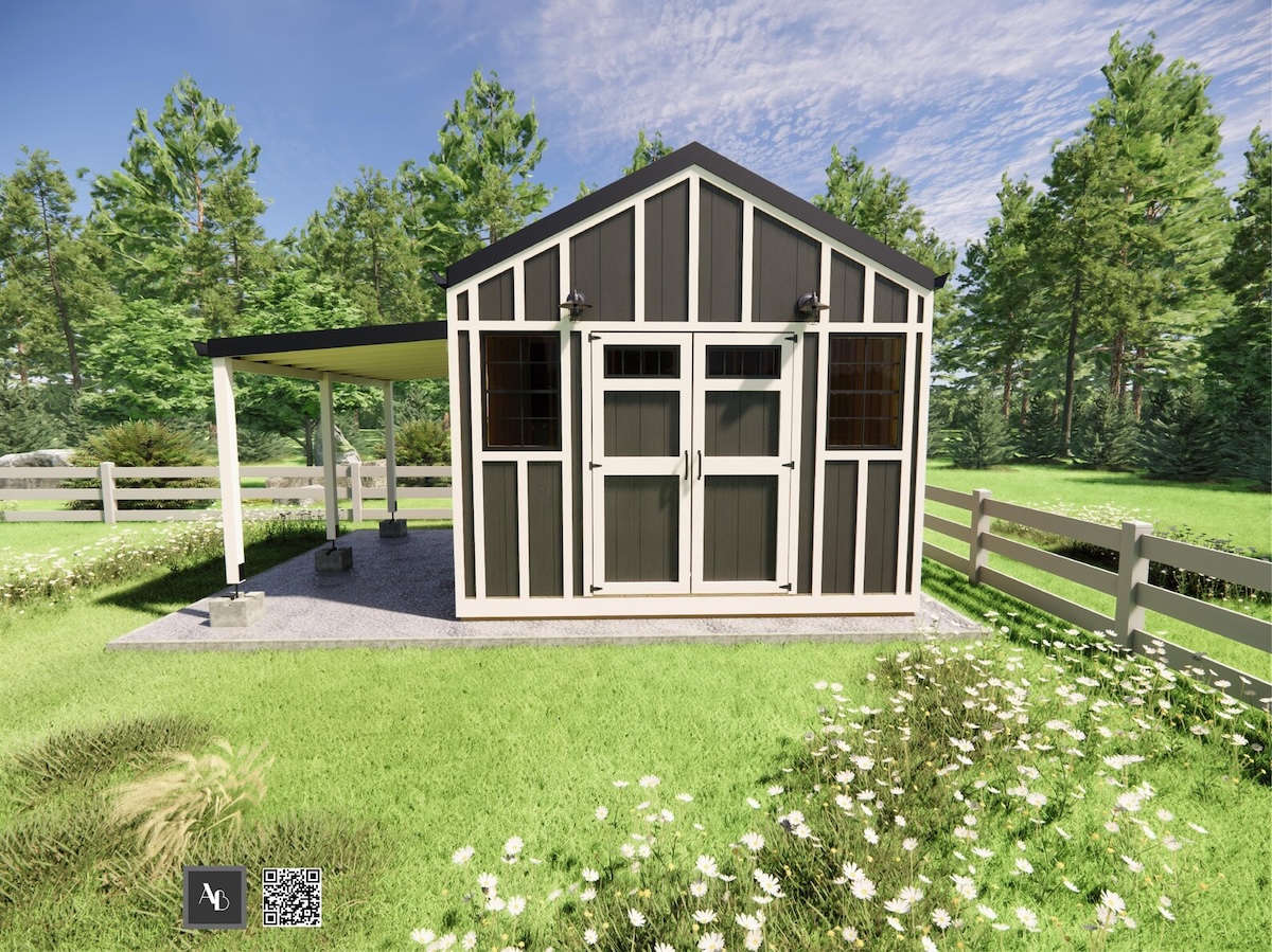 Grey and white shed or outbuilding with small covered area adjacent.