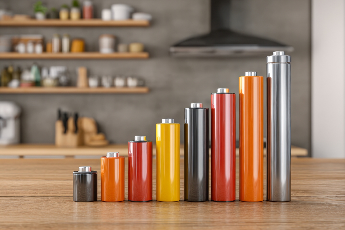 Household batteries lined up in order of size.