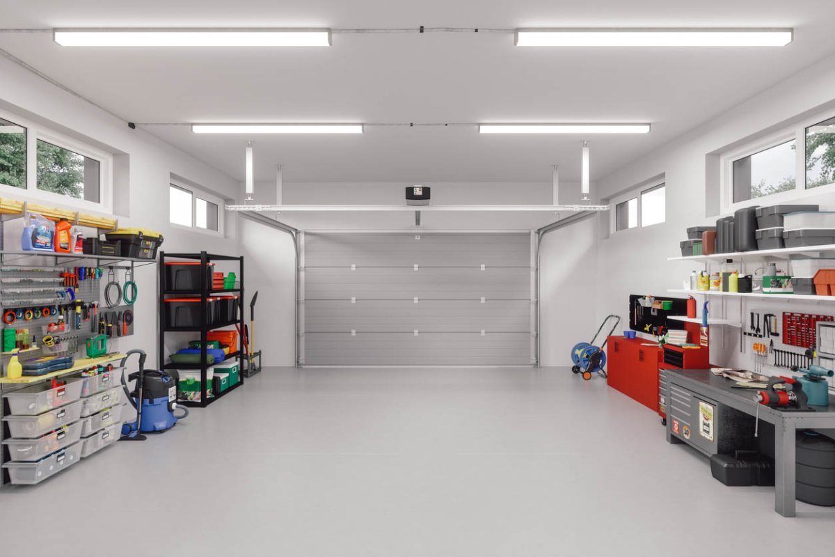 A view of the interior of an organized garage.