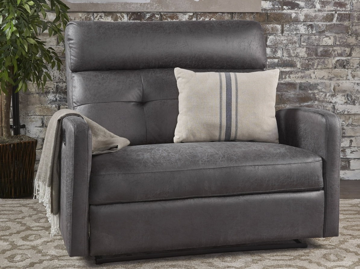 GDF Studio Alma Contemporary Upholstered Loveseat Recliner in Slate Microfiber with a throw pillow and blanket on top
