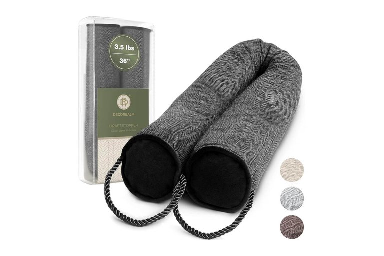 Decorealm Heavy-Duty Door Draft Stopper and Blocker open and in package on white background