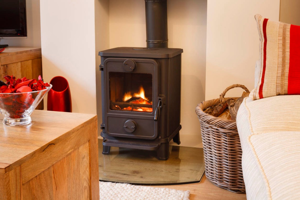 The best wood stove option installed and burning wood in a cozy living room