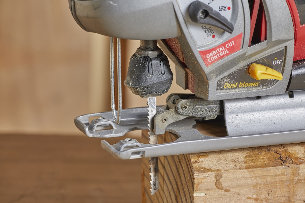 Closeup of jigsaw foot and blade