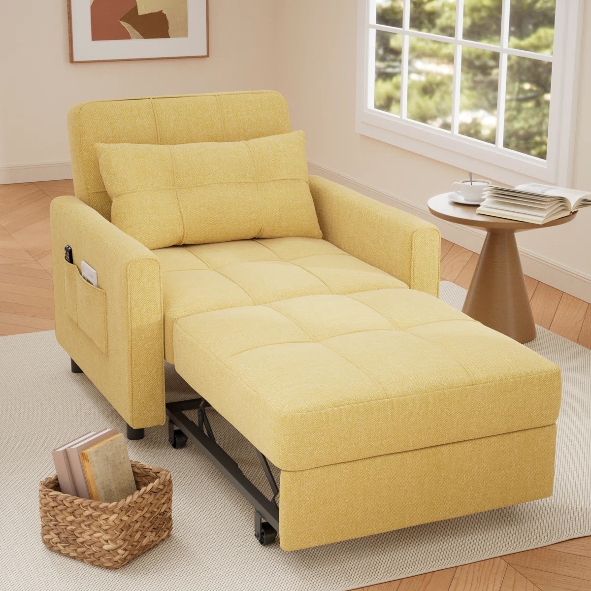 Latitude Run3-in-1 Adjustable Upholstered Sleeper Sofa Bed, Convertible Modern Foldable Lounge Chair in yellow in a living room