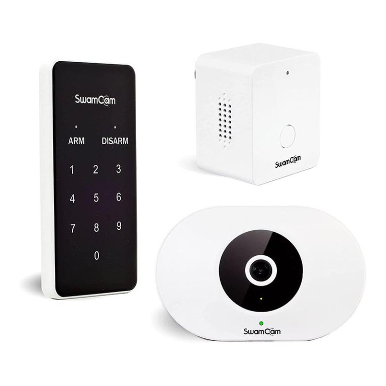  The components of the SwamCam Camera Pool Alarm System on a white background.