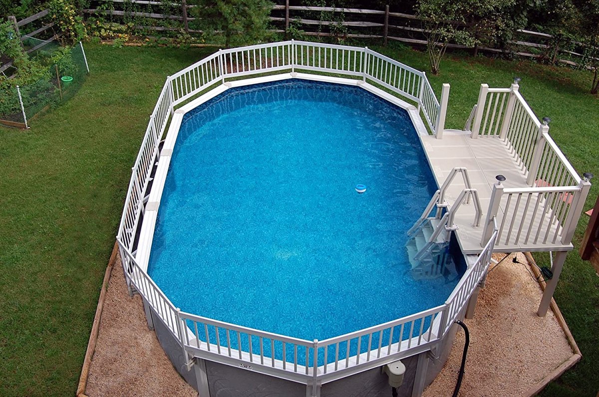 Overhead shot of the best above-ground pool steps option attached to a placid above-ground pool
