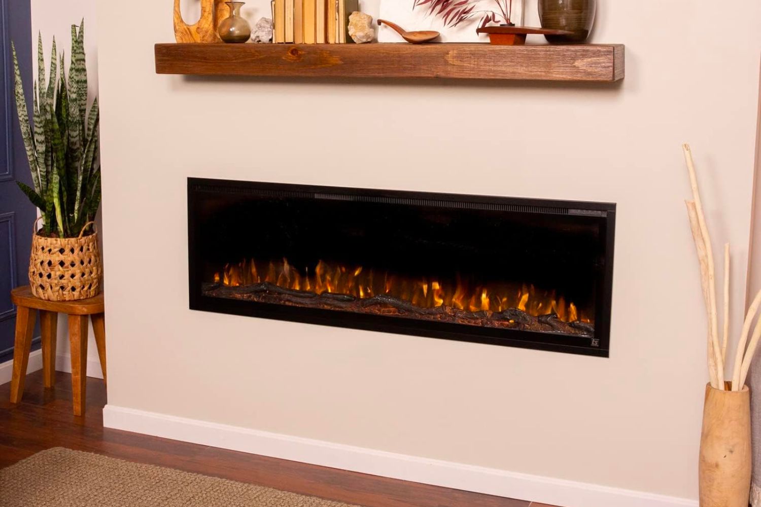 The best electric fireplace insert option installed beneath a floating wooden mantel