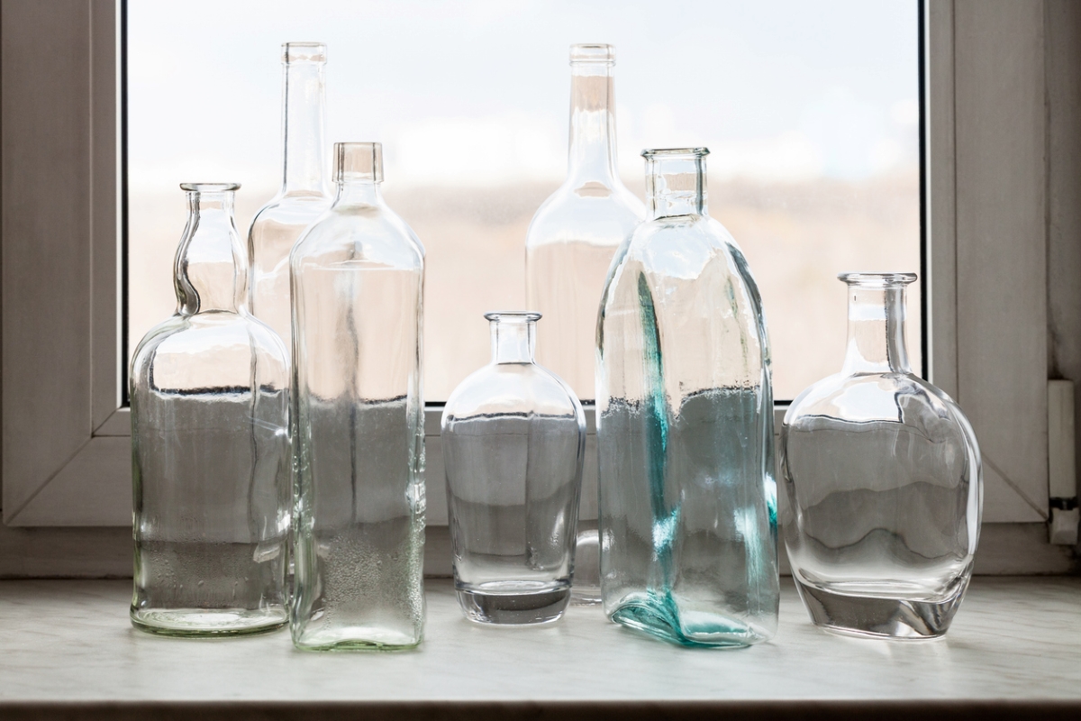 Group of clean empty alcohol bottles.