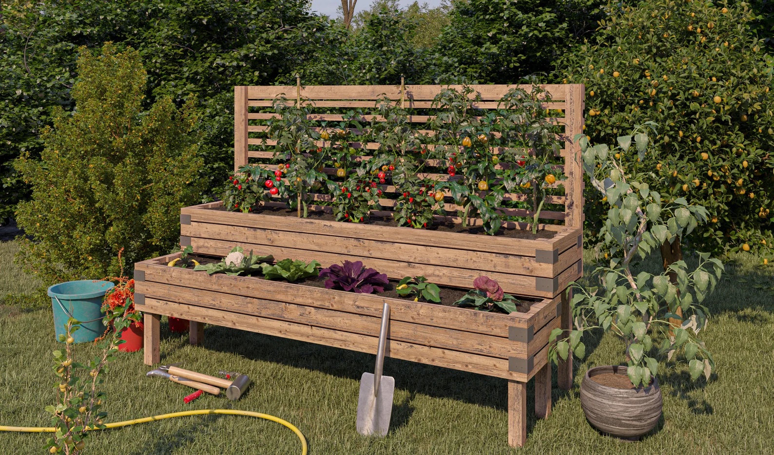 Wood raised garden bed with two tiers filled with growing vegetablesP; top tier has a trellis behind it.