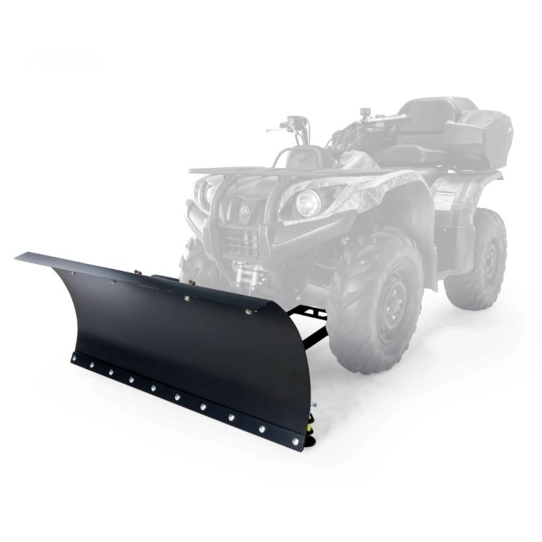  The Black Boar ATV Snow Plow Kit attached to a semi-transparent ATV on a white background.
