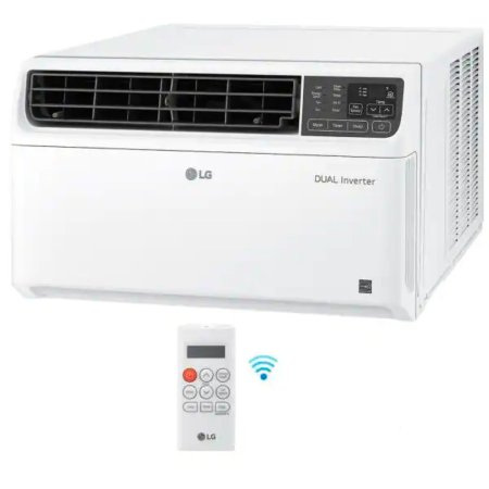  LG 18,000 BTU Smart Window Air Conditioner LW1817IVSM on white background with remote