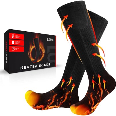 A box and pair of Black Squid Rechargeable Heated Socks with red, yellow, and orange arrows pointing up to signify heat