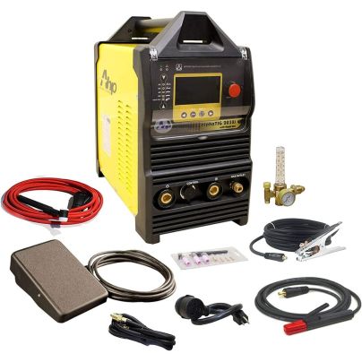 AHP AlphaTIG 200X 200 Amp IGBT AC DC Tig/Stick with accessories around it on a white background