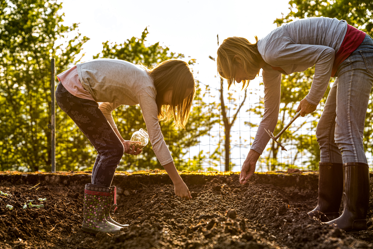 Bob Vila's 10 "Must Do" April Projects Mother and Daughter Sowing Green Peas Seeds in Spring Vegetable Garden