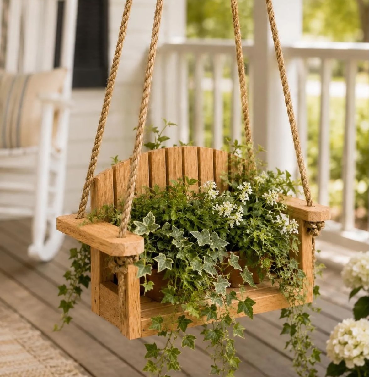Mini porch swing planter with plants on it, hanging on a white porch.