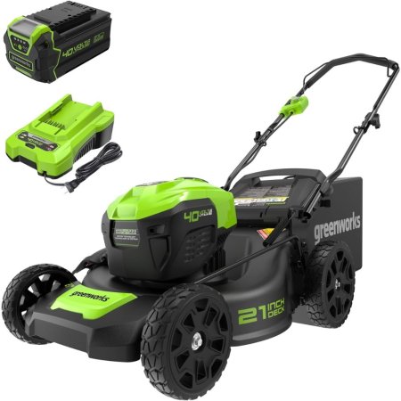  The Greenworks 25022 20-Inch 3-in-1 Corded Lawn Mower and battery on a white background.