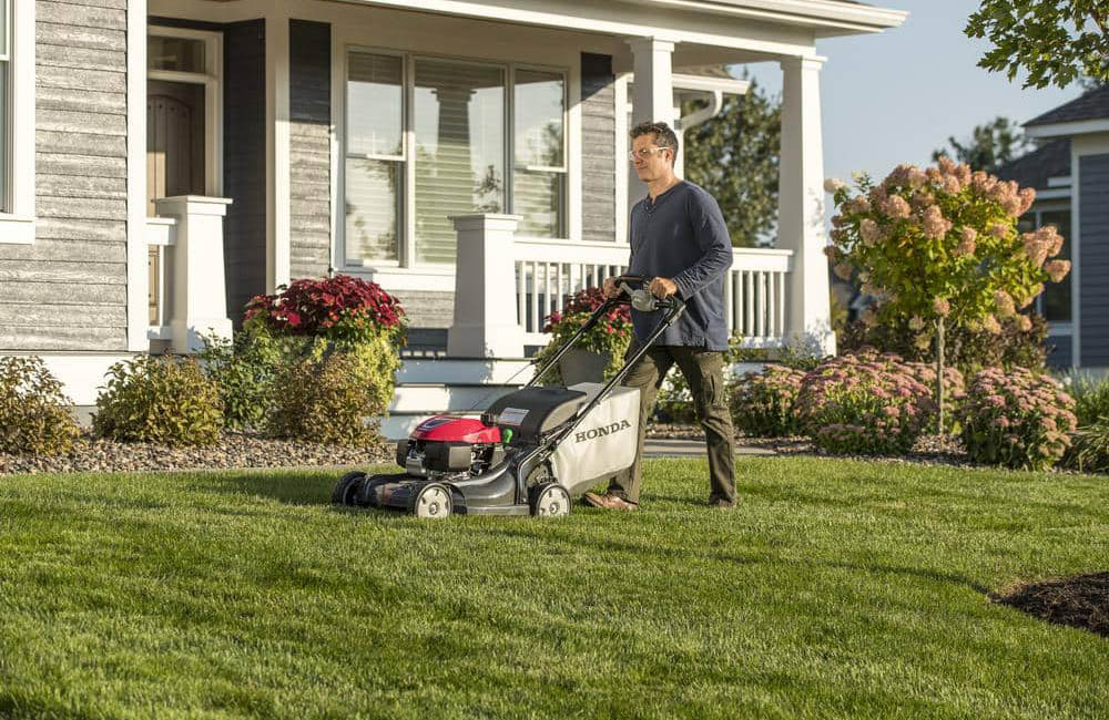 A person using the best mulching lawn mower to mow the grass in a spacious yard