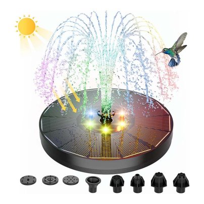The Alukiki 4W Solar Birdbath Fountain With LED Lights on a white background