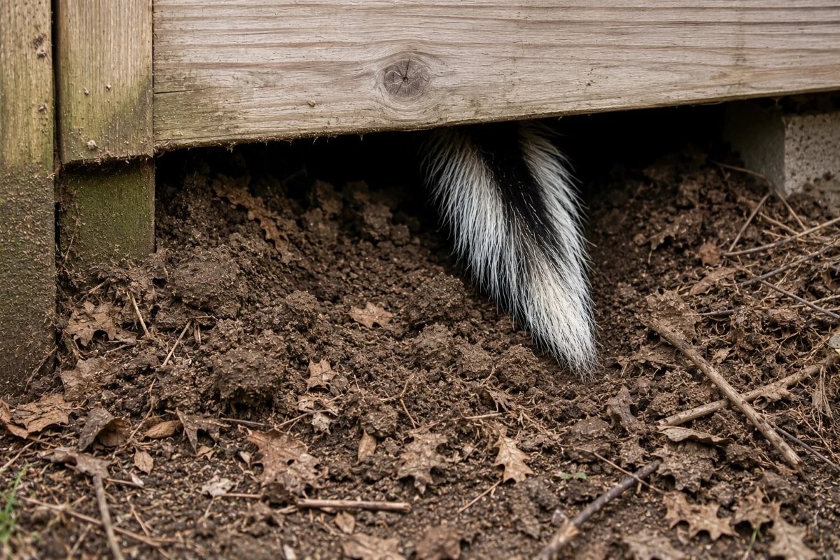 A skunk tail seen from underneath a wooden structure.