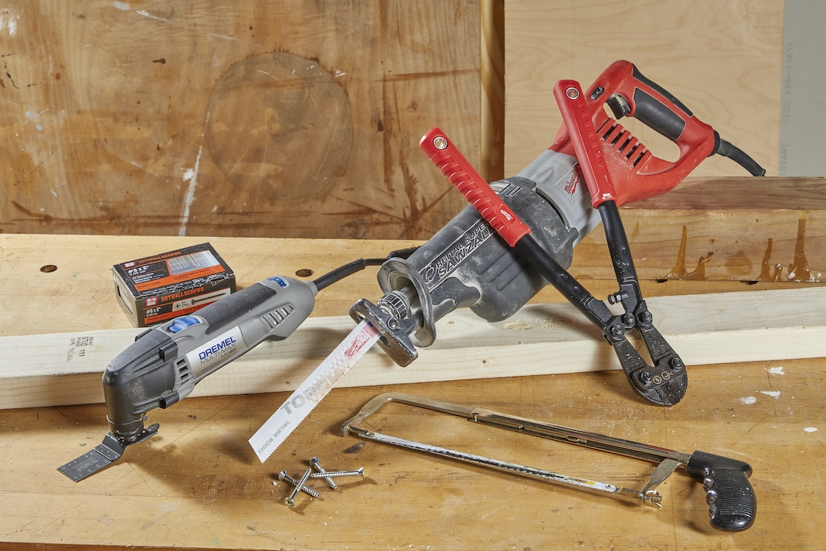 Tools that can cut screws, including a bolt cutter, hacksaw, and oscillating tool.