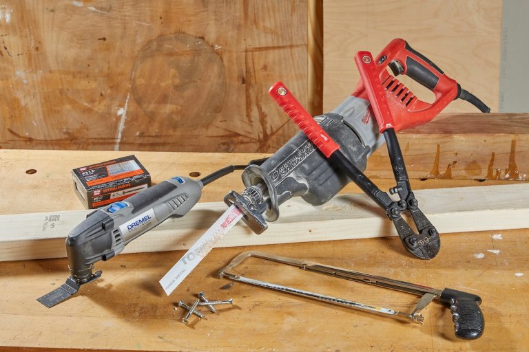 Tools that can cut screws, including a bolt cutter, hacksaw, and oscillating tool.