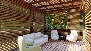inside view of modern pergola with white sofa and chairs