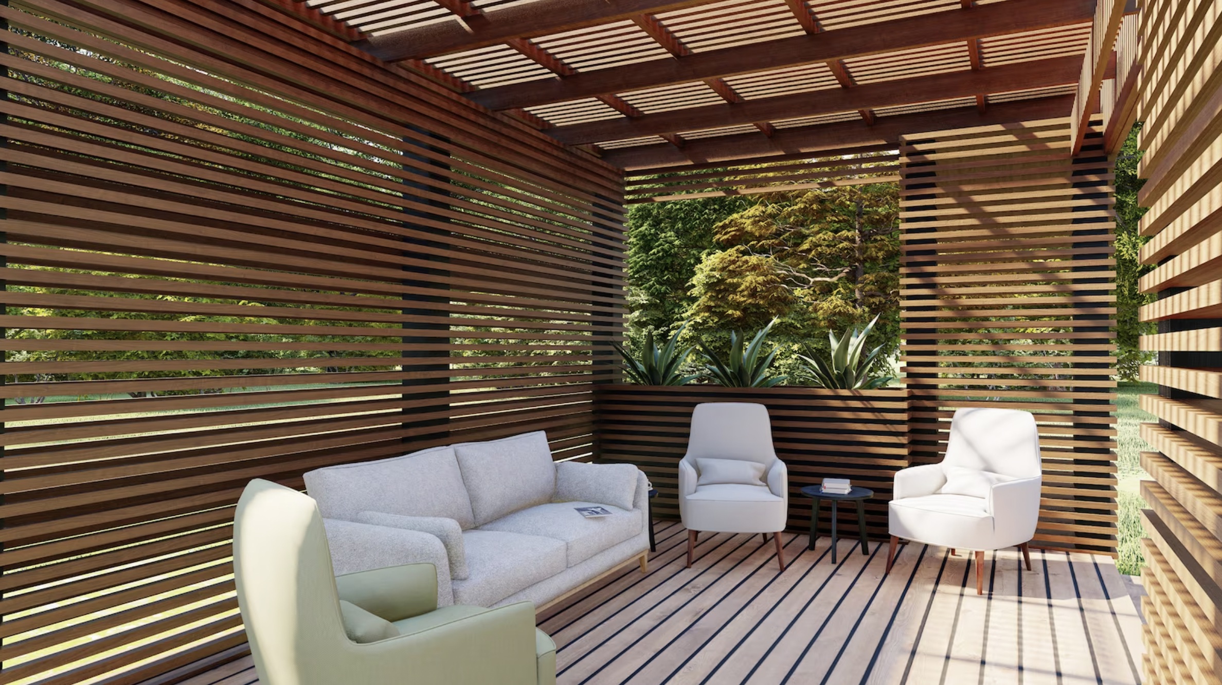 inside view of modern pergola with white sofa and chairs