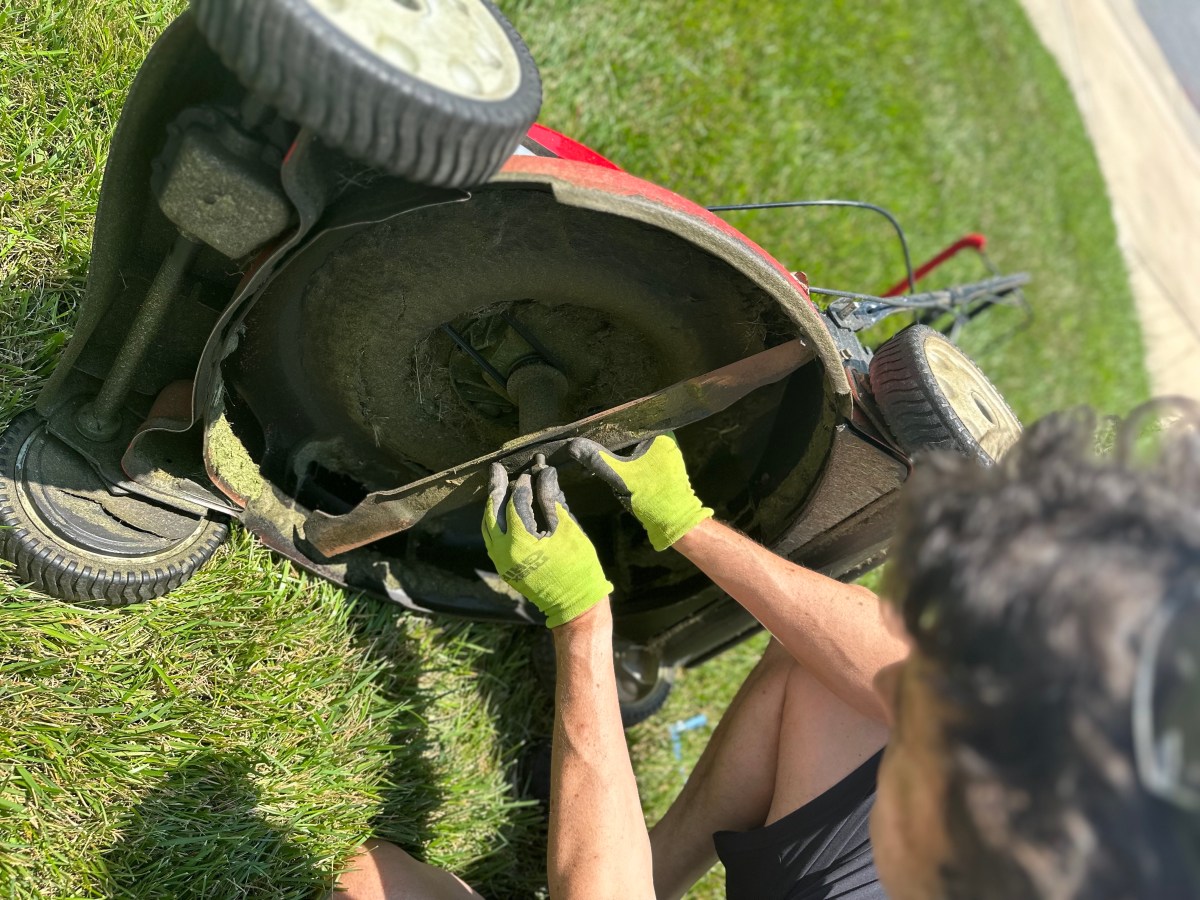 Man removes blade from the underside of a lawn mower.