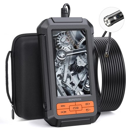  The Depstech 1080P HD Dual Lens Waterproof Camera, its storage box, cord, and light on a white background.