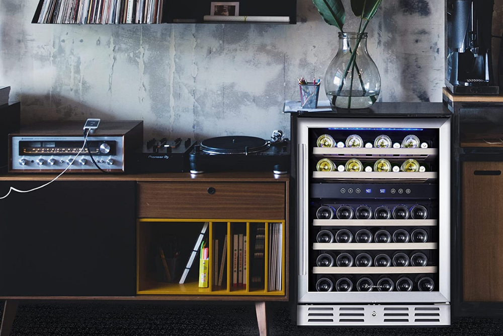 The best dual zone wine fridge option next to a mid-century modern side table