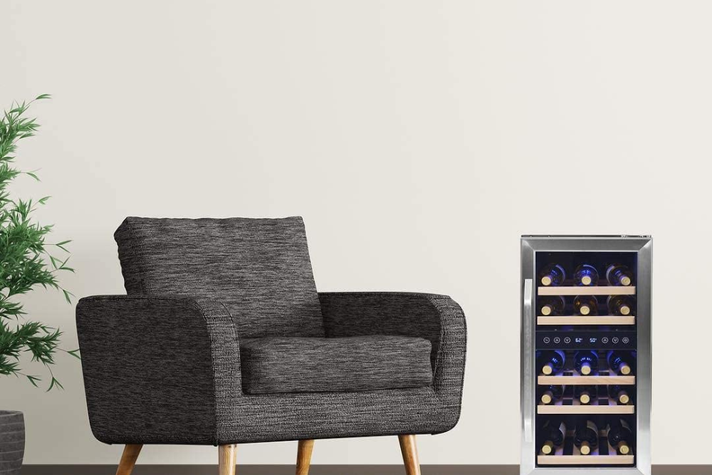 The best dual zone wine fridge option next to a comfy-looking chair