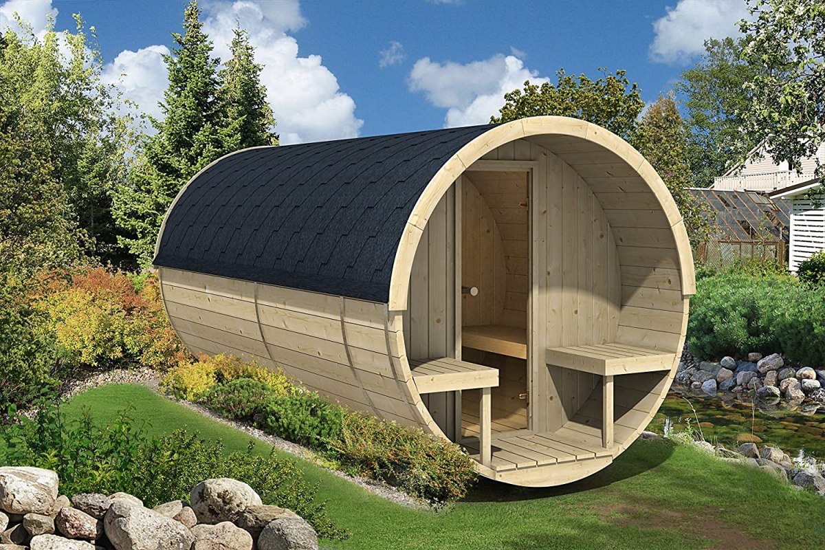The best outdoor sauna option in a manicured yard next