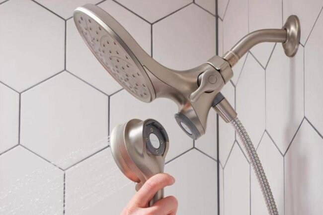 A combination water saving shower head being used
