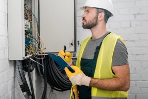 A worker looks pensive as he assesses an electrical panel.